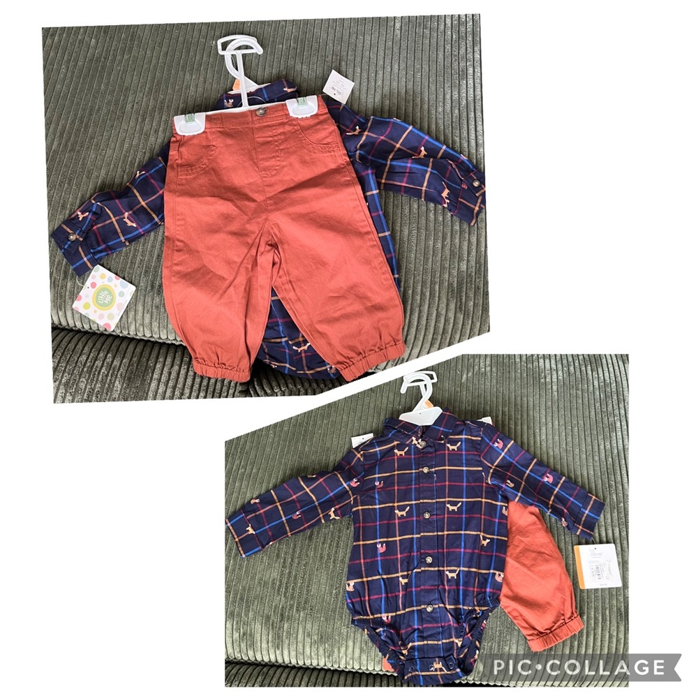 Little Me Navy Plaid Fox Matching Set Baby Boy 12 mos NWT